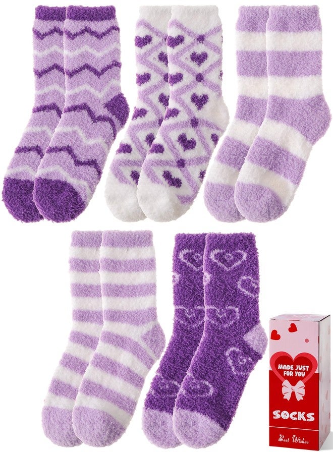 Sandsuced Womens Fuzzy Fluffy Socks Warm Cozy Winter Slipper Thick Crew Fleece Comfy Sleep Plush Heart Socks 5 Pairs Christmas Stocking Stuffers (Purple Heart Stripe,M) - Image 1
